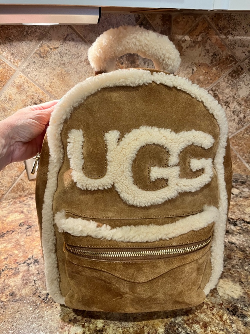 UGG Chestnut Suede Backpack with Cream Shearling Trim